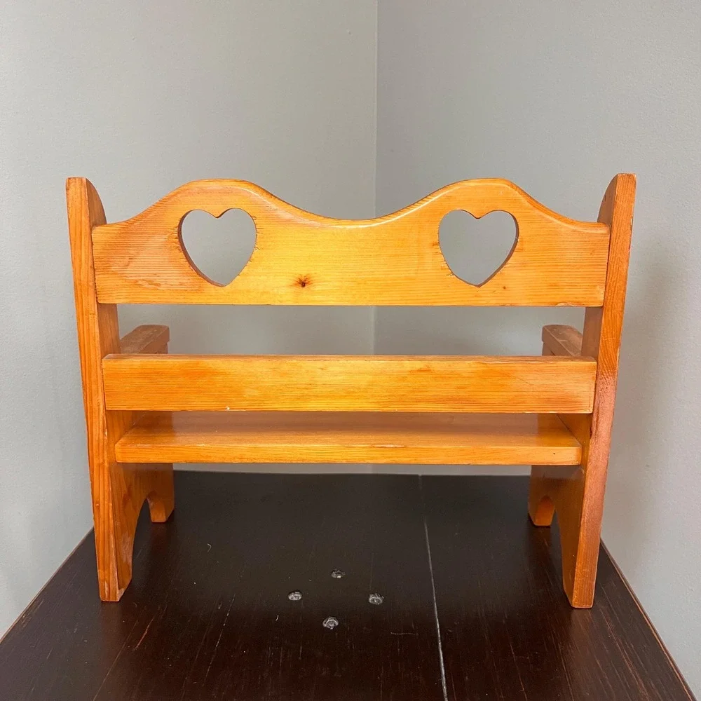 Vtg Pine Children's Doll Bench with Heart Cutouts Rustic Country Shelf Decor